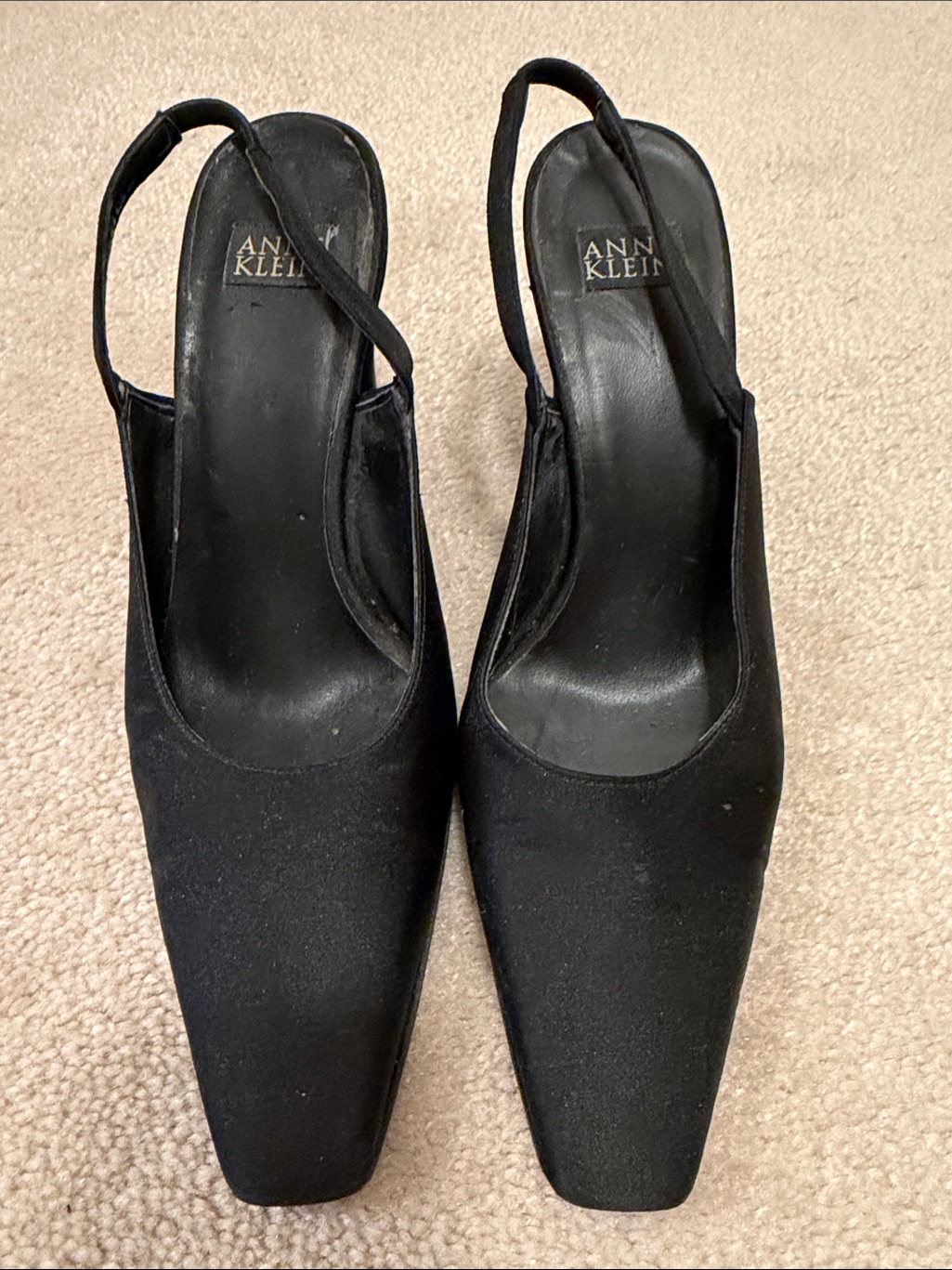 Anne Klein Black Satin Pointed Square-Toe Slingback Heels